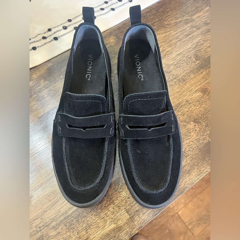 Vionic, black suede, loafer shoes, size 9 limited use at all
